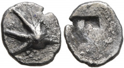 ASIA MINOR. Uncertain. Circa 550-500 BC. Hemiobol (?) (Silver, 9 mm, 0.38 g). Uncertain three-legged symbol. Rev. Rough incuse square. Leu Web Auction...