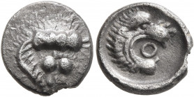 ASIA MINOR. Uncertain. Circa 5th century BC. Diobol (?) (Silver, 11 mm, 1.22 g, 4 h). Facing lion's scalp. Rev. Head of lion to right, annulet in mout...