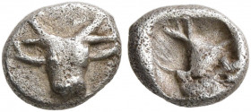 ASIA MINOR. Uncertain. 5th century BC. Tetartemorion (Silver, 6 mm, 0.27 g). Facing head of a bull. Rev. Uncertain design within incuse square. Klein ...