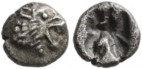 ASIA MINOR. Uncertain. 5th century BC. Tetartemorion (Silver, 5 mm, 0.13 g). Head of a roaring lion to right. Rev. Rough incuse square. Klein -. Leu W...