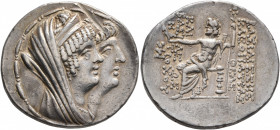 SELEUKID KINGS OF SYRIA. Cleopatra Thea & Antiochos VIII, 126/5-121/0 BC. Tetradrachm (Silver, 31 mm, 16.70 g, 12 h), Ake-Ptolemais, circa 124. Jugate...