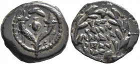 JUDAEA, Hasmoneans. John Hyrcanus I, 135-104 BCE. Prutah (Bronze, 16 mm, 1.90 g, 12 h), Jerusalem. Double cornucopia with pomegranate between the horn...