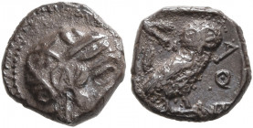 PHILISTIA (PALESTINE). Uncertain mint. Mid 5th century-333 BC. Obol (Silver, 8 mm, 0.75 g, 6 h). Head of Athena to right, wearing crested Attic helmet...