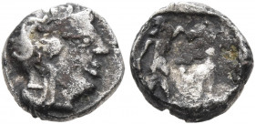 PHILISTIA (PALESTINE). Uncertain mint. Circa 420-400 BC. Obol (Silver, 8 mm, 0.68 g, 6 h). Head of Athena to right, wearing crested Attic helmet decor...