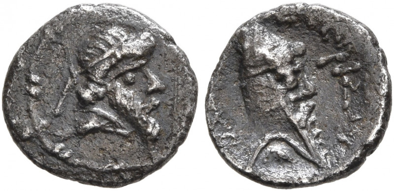 KINGS OF PARTHIA. Mithradates I, 165-132 BC. Obol (Silver, 9 mm, 0.46 g, 7 h), E...
