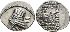 KINGS OF PARTHIA. Vologases I, circa 51-78. Drachm (Silver, 21 mm, 3.70 g, 11 h), Ekbatana, circa 58-77. Diademed and draped bust of Vologases I to le...