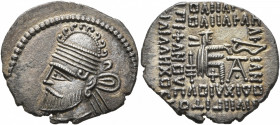 KINGS OF PARTHIA. Pakoros I, circa 78-120. Drachm (Silver, 21 mm, 3.51 g, 11 h), Ekbatana. Diademed and draped bust of Pakoros I to left, wearing tiar...