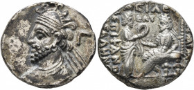 KINGS OF PARTHIA. Vologases III, circa 105-147. Tetradrachm (Billon, 27 mm, 12.23 g, 12 h), Seleukeia on the Tigris, SE 435 = AD 123/4. Diademed and d...