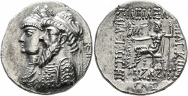 KINGS OF ELYMAIS. Kamnaskires III, with Anzaze, circa 82/1-73/2 BC. Tetradrachm (Silver, 29 mm, 16.00 g, 1 h), Seleukeia on the Hedyphon, SE 233 = 80/...