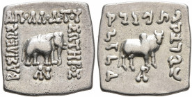BAKTRIA, Greco-Baktrian Kingdom. Apollodotos I, circa 174-165 BC. Drachm (Silver, 14x14 mm, 2.39 g, 12 h), Indian standard, uncertain mint in Paropami...