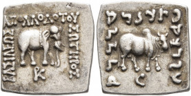 BAKTRIA, Greco-Baktrian Kingdom. Apollodotos I, circa 174-165 BC. Drachm (Silver, 15x15 mm, 2.45 g, 12 h), Indian standard, uncertain mint in Paropami...