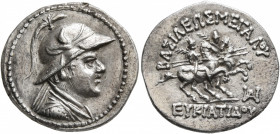 BAKTRIA, Greco-Baktrian Kingdom. Eukratides I, circa 170-145 BC. Drachm (Silver, 21 mm, 4.14 g, 12 h), Baktra or an uncertain mint in the Paropamisada...