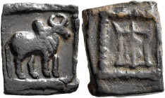 BAKTRIA, Indo-Greek Kingdom. Apollodotos II, circa 85-65 BC. AE (Bronze, 12x14 mm, 2.21 g), anepigraphic type. Zebu bull standing right. Rev. Tripod. ...