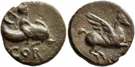 CORINTHIA. Corinth. Tiberius, 14-37. Semis (Bronze, 15 mm, 2.87 g, 9 h), L. Arrius Peregrinus and L. Furius, duoviri, 32-33. COR Melikertes with thyrs...
