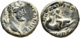 BITHYNIA. Nicomedia. Antoninus Pius, 138-161. Hemiassarion (Bronze, 16 mm, 3.75 g, 12 h). [ΑΥΤ ΚΑΙϹΑΡ] ΑΝΤΩΝΙΝΟϹ Laureate head of Antoninus Pius to ri...