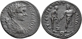 MYSIA. Attaea. Caracalla, 198-217. Tetrassarion (Bronze, 27 mm, 11.15 g, 6 h), Roufos, strategos. [AY KAI] M AYP ANTONЄINOC Laureate, draped and cuira...