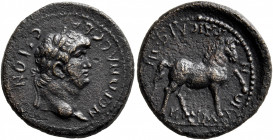 AEOLIS. Cyme. Nero, 54-68. Assarion (Bronze, 19 mm, 4.46 g, 12 h), circa 63-68. NEPΩNA CEBACTON Laureate head of Nero to right. Rev. KAICAPEΩN KYMAIΩN...