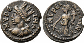 AEOLIS. Myrina. Pseudo-autonomous issue. Assarion (?) (Bronze, 18 mm, 3.71 g, 6 h), time of Valerian I and Gallienus, 253-268. •ΜΥΡЄΙΝΑ Turreted and d...