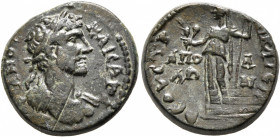 CARIA. Apollonia Salbace. Hadrian, 117-138. Hemiassarion (Bronze, 20 mm, 5.54 g, 12 h), Kl. (?) Timotheos, strategos. KAICAP AΔΡΙΑΝΟC Laureate, draped...