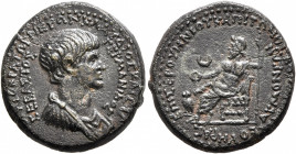 PHRYGIA. Acmoneia. Nero, 54-68. Hemiassarion (Orichalcum, 19 mm, 4.22 g, 12 h), Loukios Servenios Kapito, archon, with his wife, Ioulia Severa, circa ...