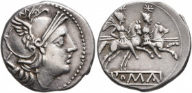 Anonymous, circa 211-208 BC. Denarius (Silver, 19 mm, 4.00 g, 6 h), Rome. Head of Roma to right, wearing winged helmet and pendant earring; behind, X ...