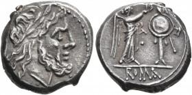 Anonymous, circa 211-208 BC. Victoriatus (Silver, 15 mm, 3.47 g, 12 h), uncertain mint in Sicily. Laureate head of Jupiter to right. Rev. ROMA Victory...