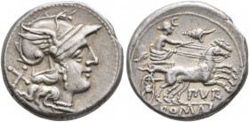 Furius Purpurio, 169-158 BC. Denarius (Silver, 17 mm, 3.86 g, 9 h), Rome. Head of Roma to right, wearing winged helmet, pendant earring and pearl neck...