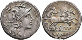 L. Saufeius, 152 BC. Denarius (Silver, 18 mm, 3.71 g, 7 h), Rome. Head of Roma to right, wearing winged helmet; behind, X. Rev. L•SA VF / ROMA Victory...