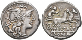 L. Saufeius, 152 BC. Denarius (Silver, 18 mm, 3.79 g, 6 h), Rome. Head of Roma to right, wearing winged helmet; behind, X. Rev. L•SAVF / ROMA Victory ...