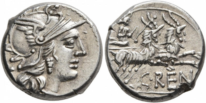 C. Renius, 138 BC. Denarius (Silver, 15 mm, 4.00 g, 9 h), Rome. Head of Roma to ...