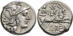 C. Renius, 138 BC. Denarius (Silver, 15 mm, 4.00 g, 9 h), Rome. Head of Roma to right, wearing winged helmet, pendant earring and pearl necklac; behin...