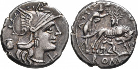 Sex. Pompeius Fostlus, 137 BC. Denarius (Silver, 18 mm, 3.94 g, 5 h), Rome. Head of Roma to right, wearing winged helmet; behind, jug; before, X (mark...