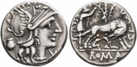 Sex. Pompeius Fostlus, 137 BC. Denarius (Silver, 18 mm, 4.00 g, 6 h), Rome. Head of Roma to right, wearing winged helmet, pendant earring and pearl ne...