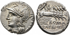 M. Baebius Q.f. Tampilus, 137 BC. Denarius (Silver, 18 mm, 4.00 g, 4 h), Rome. TAMPIL Head of Roma to left, wearing winged helmet and pendant earring;...