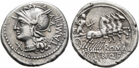M. Baebius Q.f. Tampilus, 137 BC. Denarius (Silver, 20 mm, 4.00 g, 11 h), Rome. TAMPIL Head of Roma to left, wearing winged helmet and pendant earring...