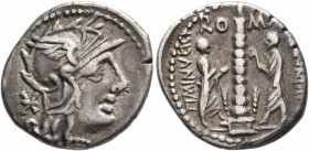 Ti. Minucius C.f. Augurinus, 134 BC. Denarius (Silver, 19 mm, 3.79 g, 6 h), Rome. Head of Roma to right, wearing winged helmet; behind head, star (mar...