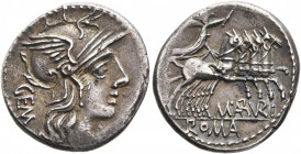 C. Aburius Geminus, 134 BC. Denarius (Silver, 18 mm, 3.77 g, 10 h), Rome, GEM. Head of Roma to right, wearing winged helmet, pendant earring and pearl...