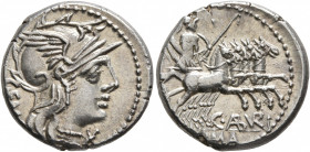 C. Aburius Geminus, 134 BC. Denarius (Silver, 18 mm, 3.93 g, 6 h), Rome, GEM. Head of Roma to right, wearing winged helmet, pendant earring and pearl ...