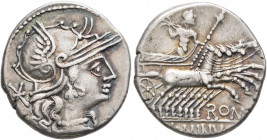 L. Minucius, 133 BC. Denarius (Silver, 19 mm, 3.84 g, 7 h), Rome. Head of Roma to right, wearing winged helmet, pendant earring and pearl necklace; be...