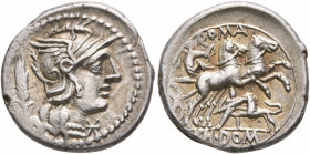 Cn. Domitius Ahenobarbus, 128 BC. Denarius (Silver, 19 mm, 4.00 g, 6 h), Rome. Head of Roma to right, wearing winged helmet; behind, grain ear; before...