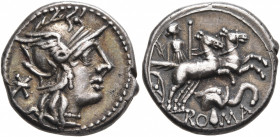 L. Caecilius Metellus Diadematus, 128 BC. Denarius (Silver, 17 mm, 3.94 g, 6 h), Rome. Head of Roma to right, wearing crested and winged helmet; behin...