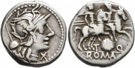 T. Quinctius Flamininus, 126 BC. Denarius (Silver, 17 mm, 3.84 g, 6 h), Rome. Head of Roma to right, wearing crested and winged helmet; behind, X (mar...