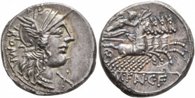M. Fannius C.f, 123 BC. Denarius (Silver, 18 mm, 3.89 g, 1 h), Rome. ROMA Head of Roma to right, wearing winged helmet, pendant earring and pearl neck...