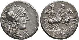 Q. Minucius Rufus, 122 BC. Denarius (Silver, 18 mm, 3.63 g, 7 h), Rome. RVF Head of Roma to right, wearing winged helmet; below chin, X (mark of value...