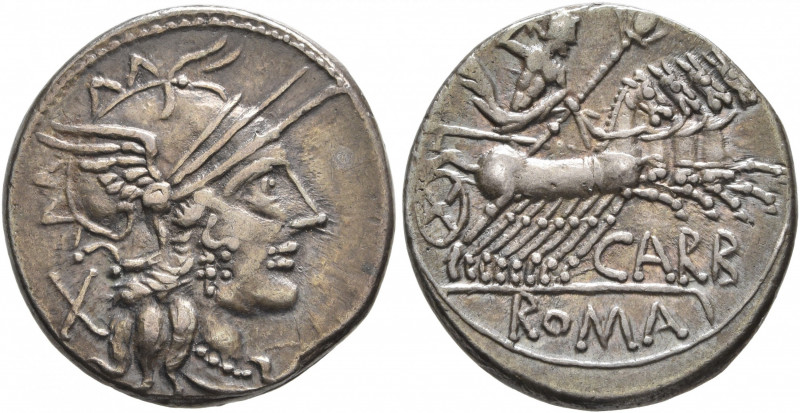 Cn. Carbo, 121 BC. Denarius (Silver, 20 mm, 3.94 g, 12 h), Rome. Head of Roma to...