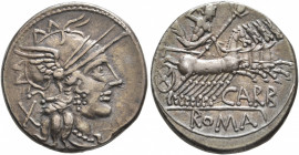 Cn. Carbo, 121 BC. Denarius (Silver, 20 mm, 3.94 g, 12 h), Rome. Head of Roma to right, wearing winged helmet, pendant earring and pearl necklace; beh...