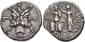 M. Furius L.f. Philus, 120 BC. Denarius (Silver, 18 mm, 4.00 g, 6 h), Rome. M FOVRI L F Laureate head of Janus. Rev. ROMA / PH L I Roma standing front...