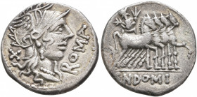 Cn. Domitius Ahenobarbus, 116-115 BC. Denarius (Silver, 19 mm, 3.89 g, 10 h), Rome. ROMA Head of Roma to right, wearing winged helmet, pendant earring...