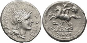 M. Sergius Silus, 116-115 BC. Denarius (Silver, 18 mm, 3.85 g, 3 h), Rome. ROMA - EX•S•C• Head of Roma to right within laurel wreath, wearing winged h...