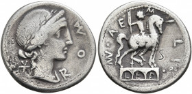 Man. Aemilius Lepidus, 114-113 BC. Denarius (Silver, 20 mm, 3.71 g, 9 h), Rome. RO MA Laureate and draped bust of Roma to right; behind, star (mark of...